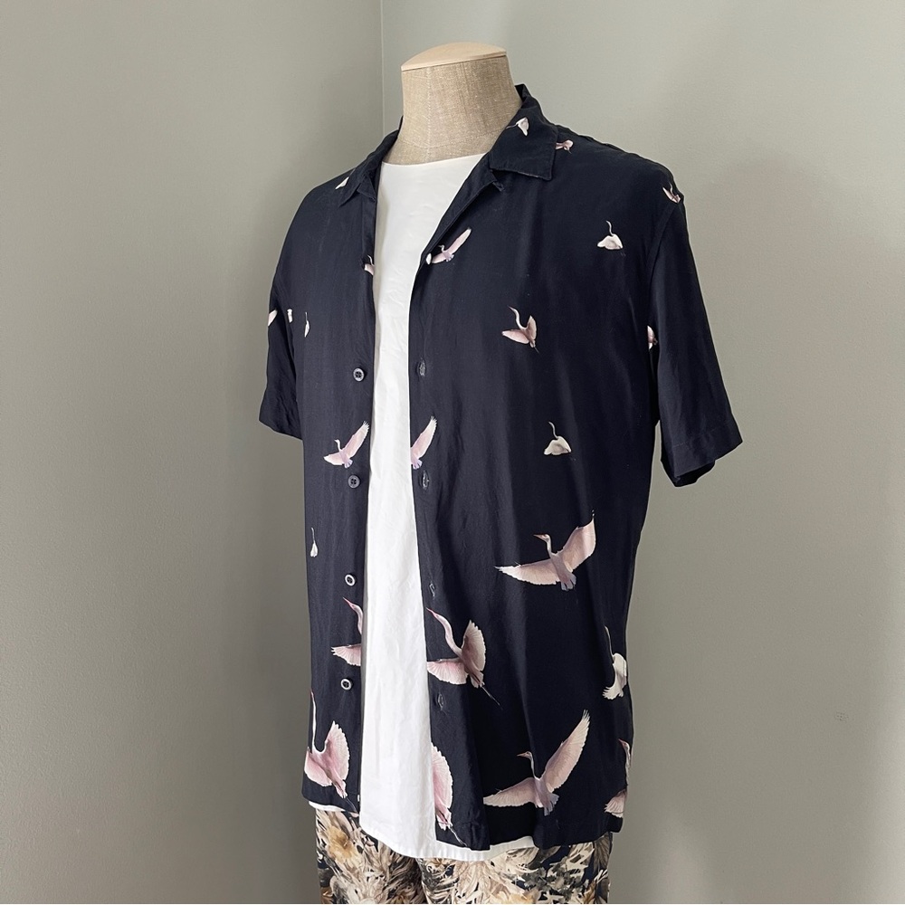 Jack London Flying Cranes on Navy Short Sleeve Button Down Shirt